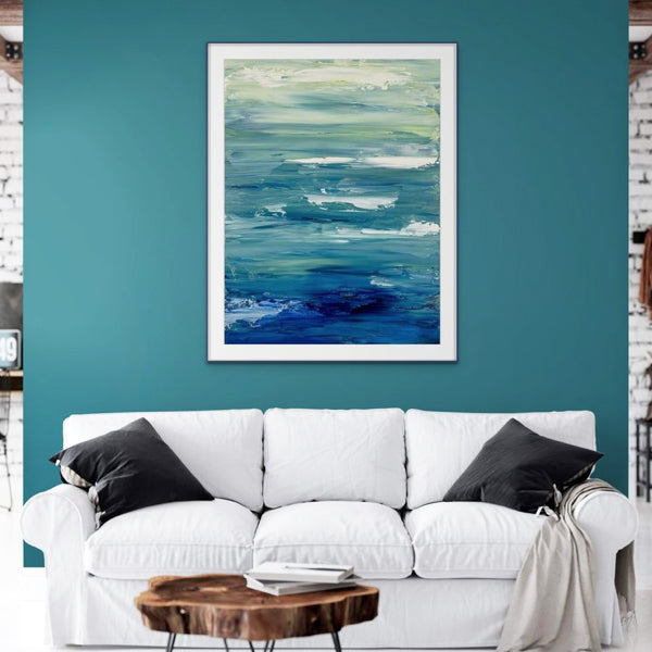 Lakeside living wall art featuring waves breaking and swirling before they reach the shore by Michigan artist Dorothea Sandra.