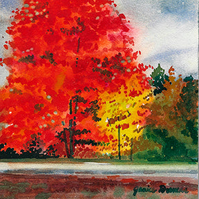 Original watercolor on aqua board by Michigan Artist Janice Dumas.   6 x 6 in.  Display on an easel or in a frame.  The painting features the leaves of a tree in full autumn glory.