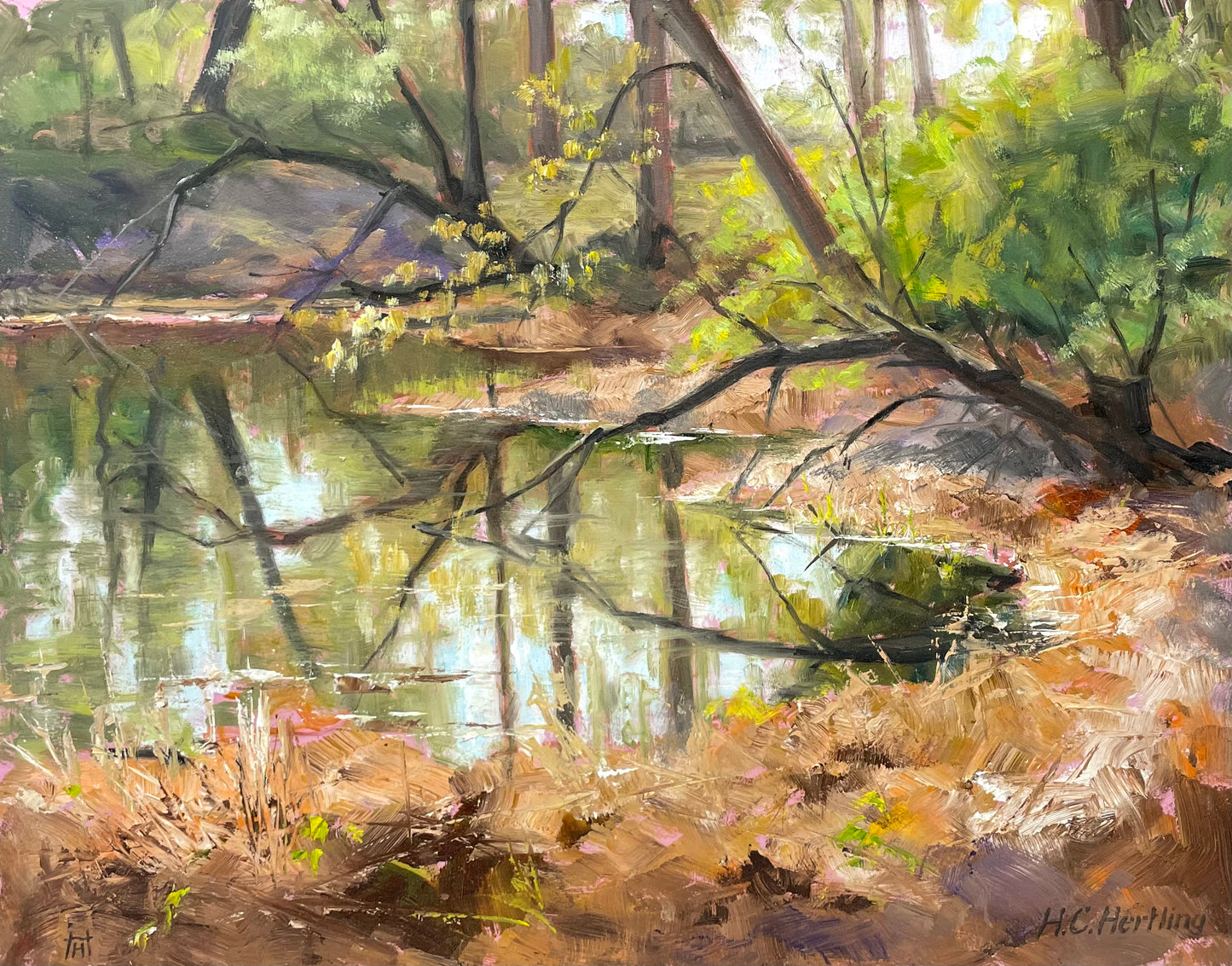 Plein air oil painting by Heiner Hertling featuring a tranquil view of the lake in Kensington Metro Park, Milford, Michigan.