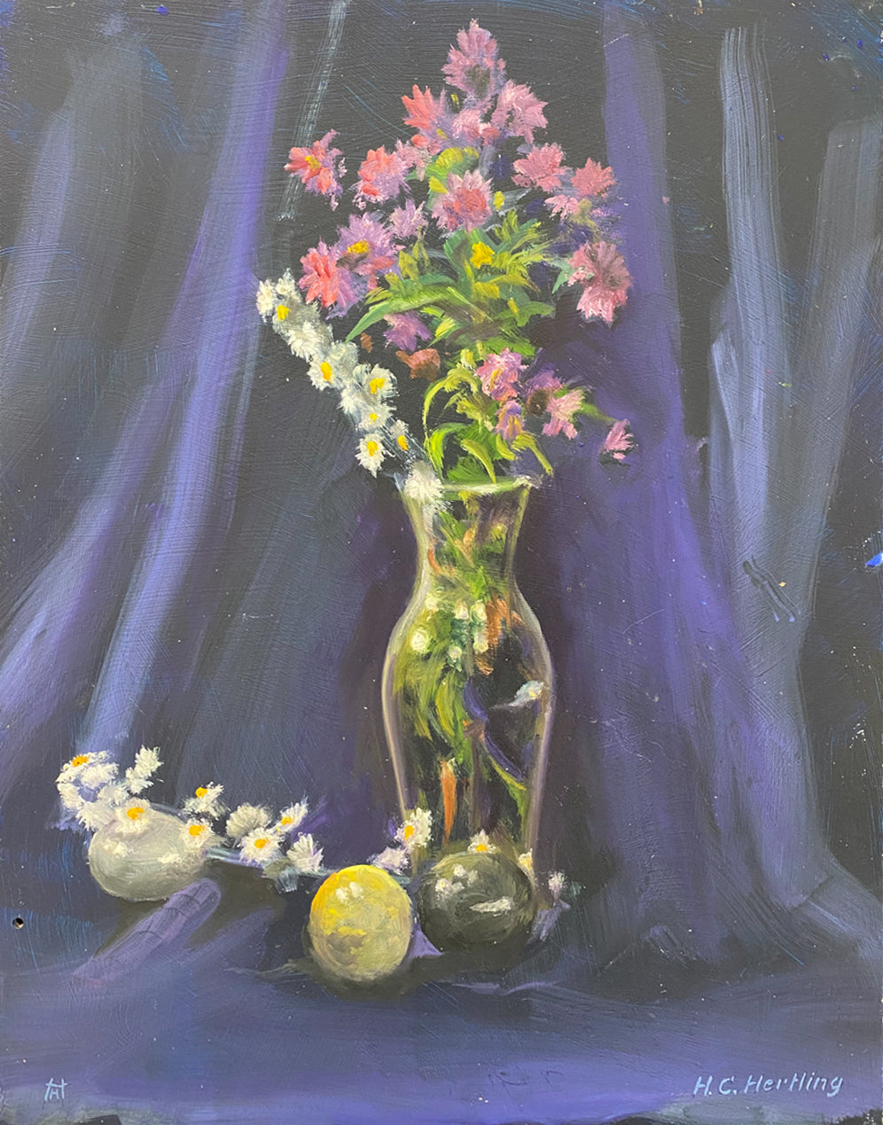 Floral Bouquet. Still life painting by Heiner Hertling.  Oil on board.  