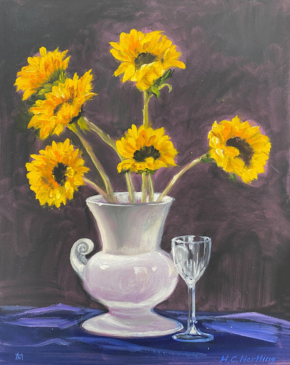 Sunflowers. Still life painting by Heiner Hertling.  Oil on board.  