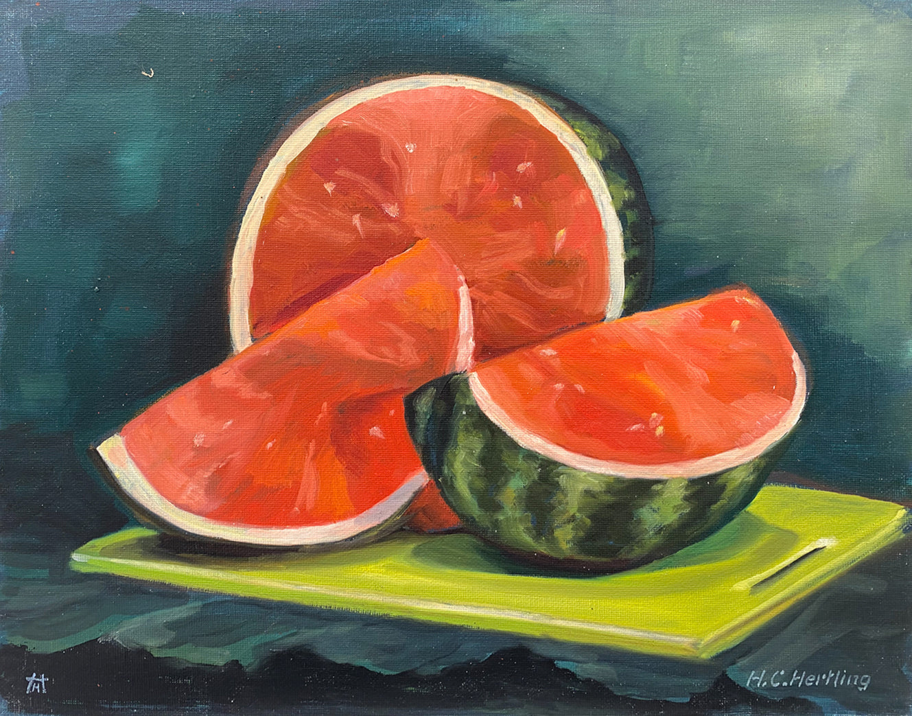 Watermelon. Still life painting by Heiner Hertling.  Oil on board.  