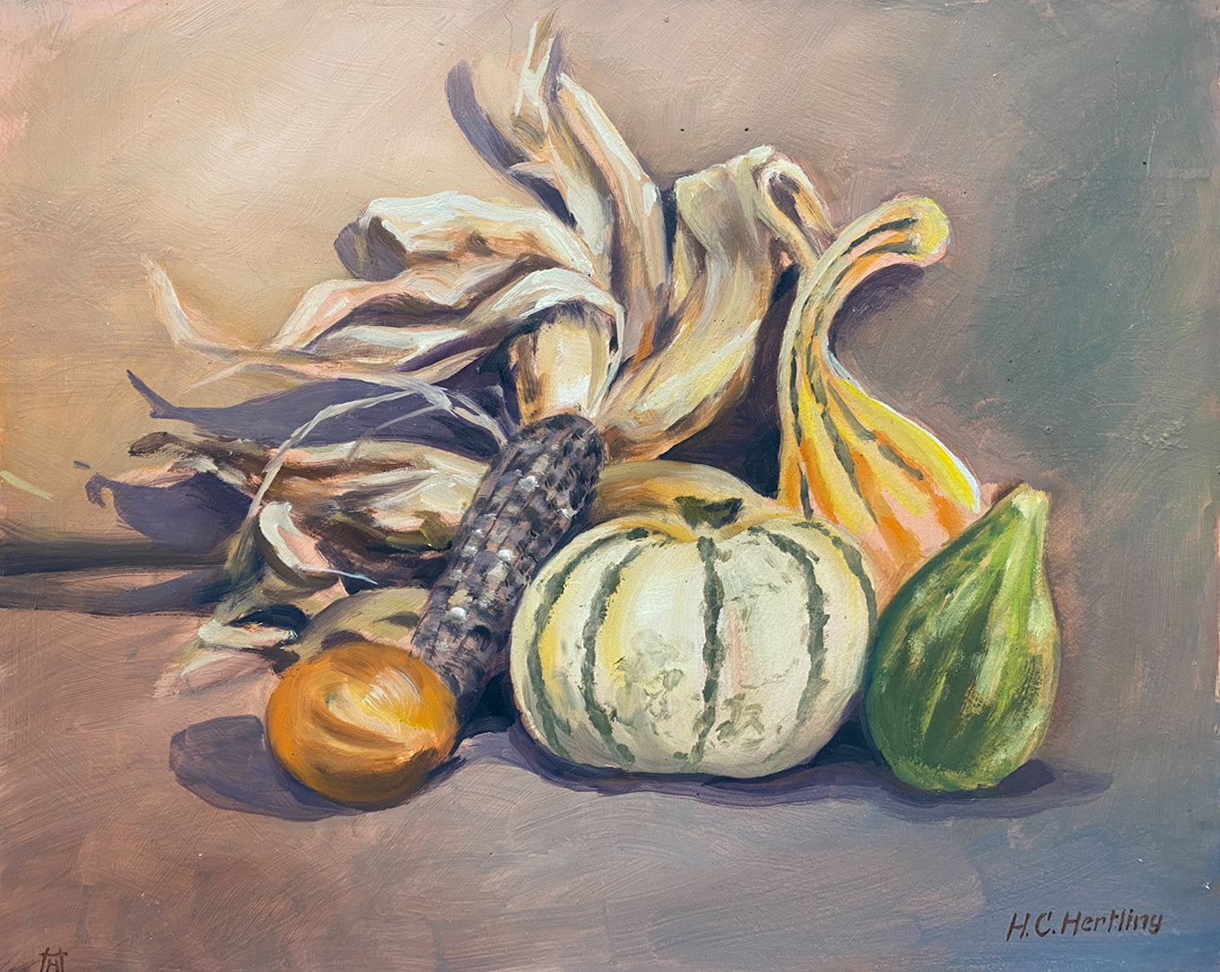 Fall Harvest. Still life painting by Heiner Hertling.  Oil on board.  