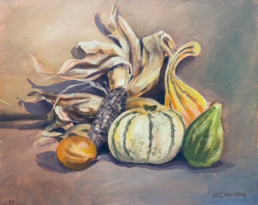 Fall Harvest. Still life painting by Heiner Hertling.  Oil on board.  