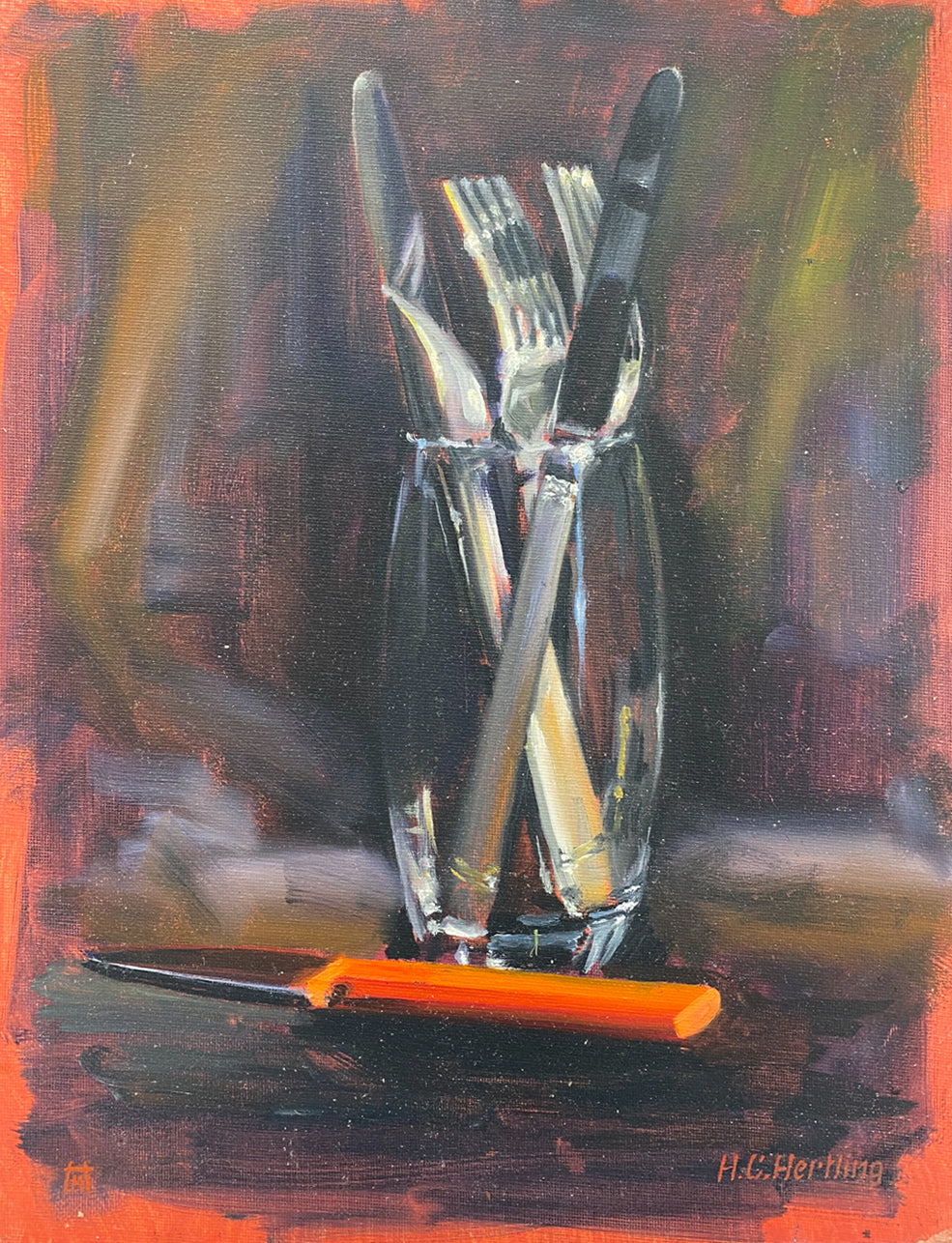Cutlery. Still life painting by Heiner Hertling.  Oil on board.  