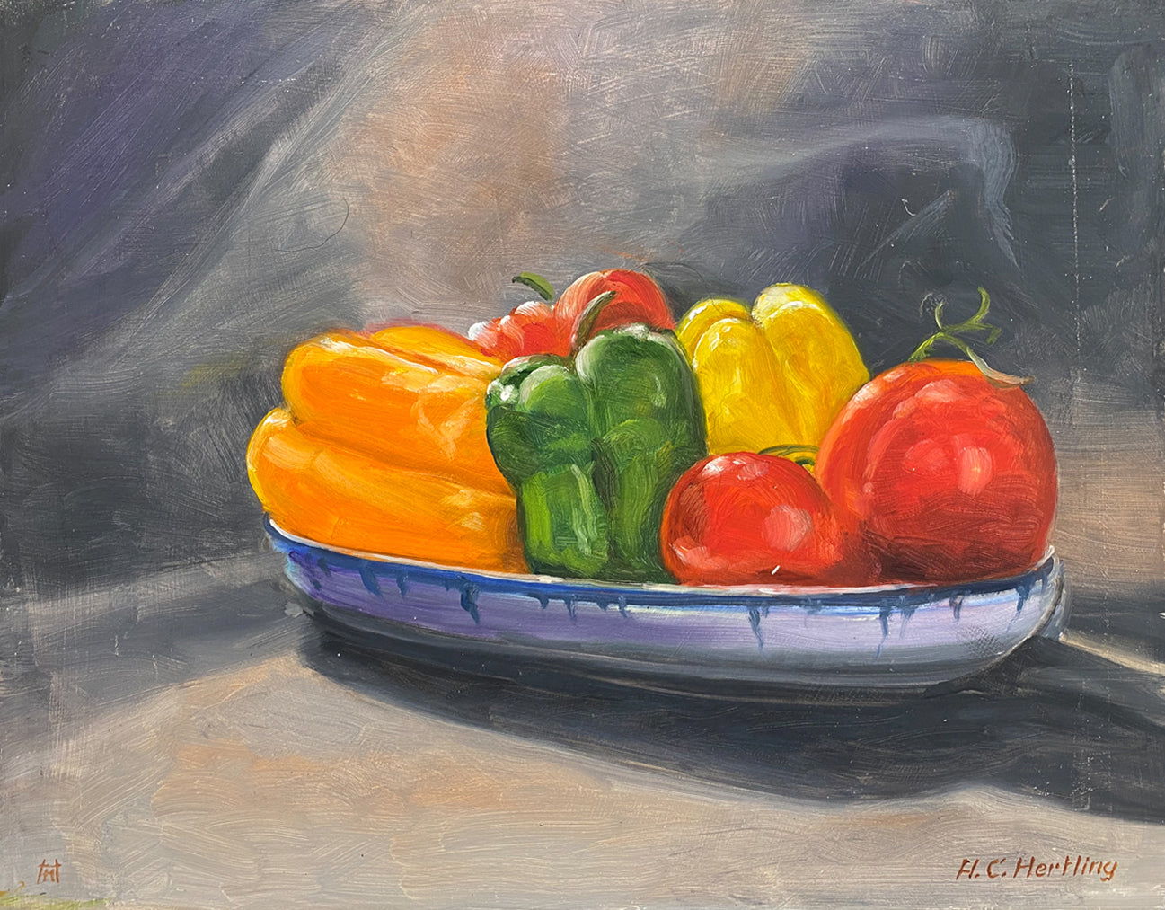 Peppers. Still life painting by Heiner Hertling.  Oil on board.  