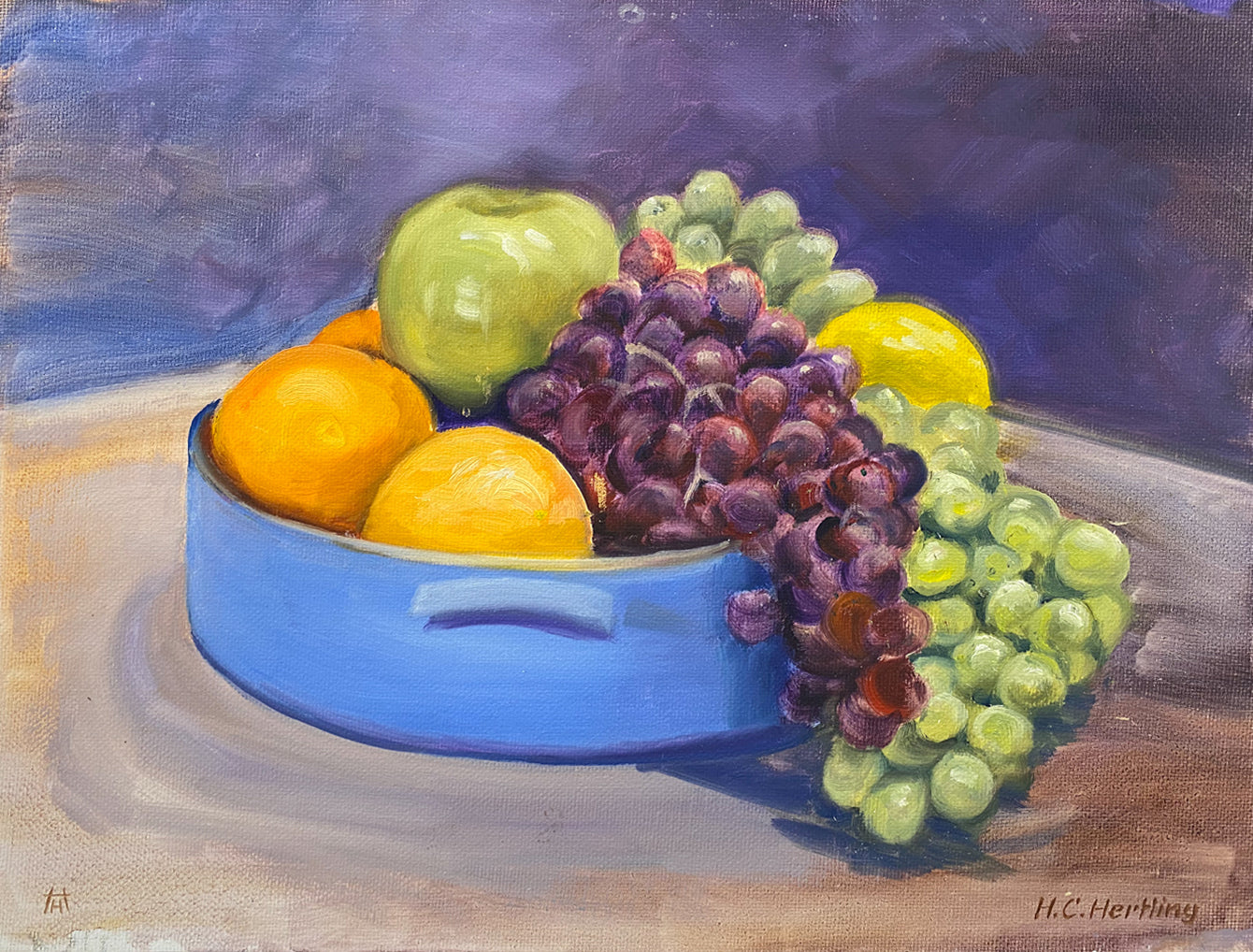 Fruit Bowl. Still life painting by Heiner Hertling.  Oil on board.  