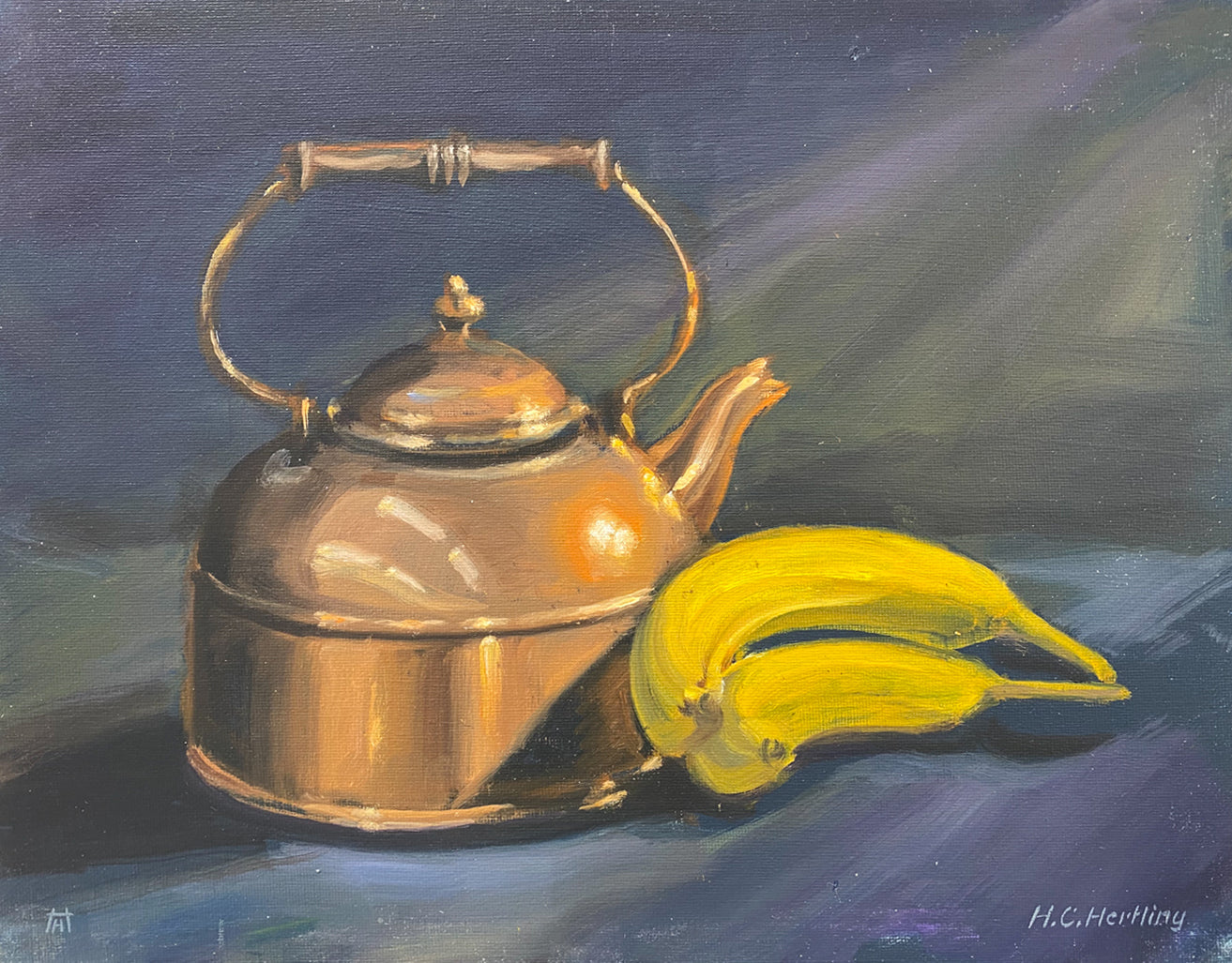 Teapot & Bananas. Still life painting by Heiner Hertling.  Oil on board.  