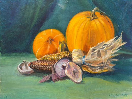 Pumpkin Harvest. Still life painting by Heiner Hertling.  Oil on board.  