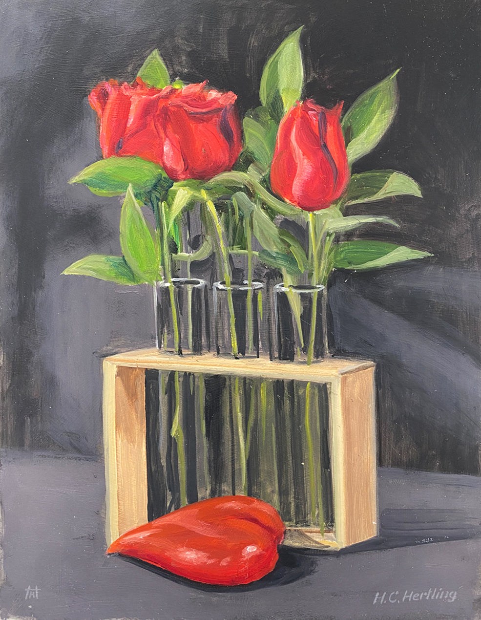Red Roses. Still life painting by Heiner Hertling.  Oil on board.  
