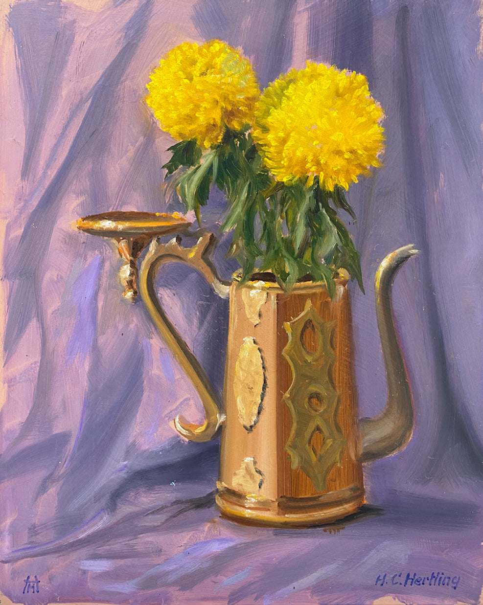 Flowers in a Teapot. Still life painting by Heiner Hertling.  Oil on board.  