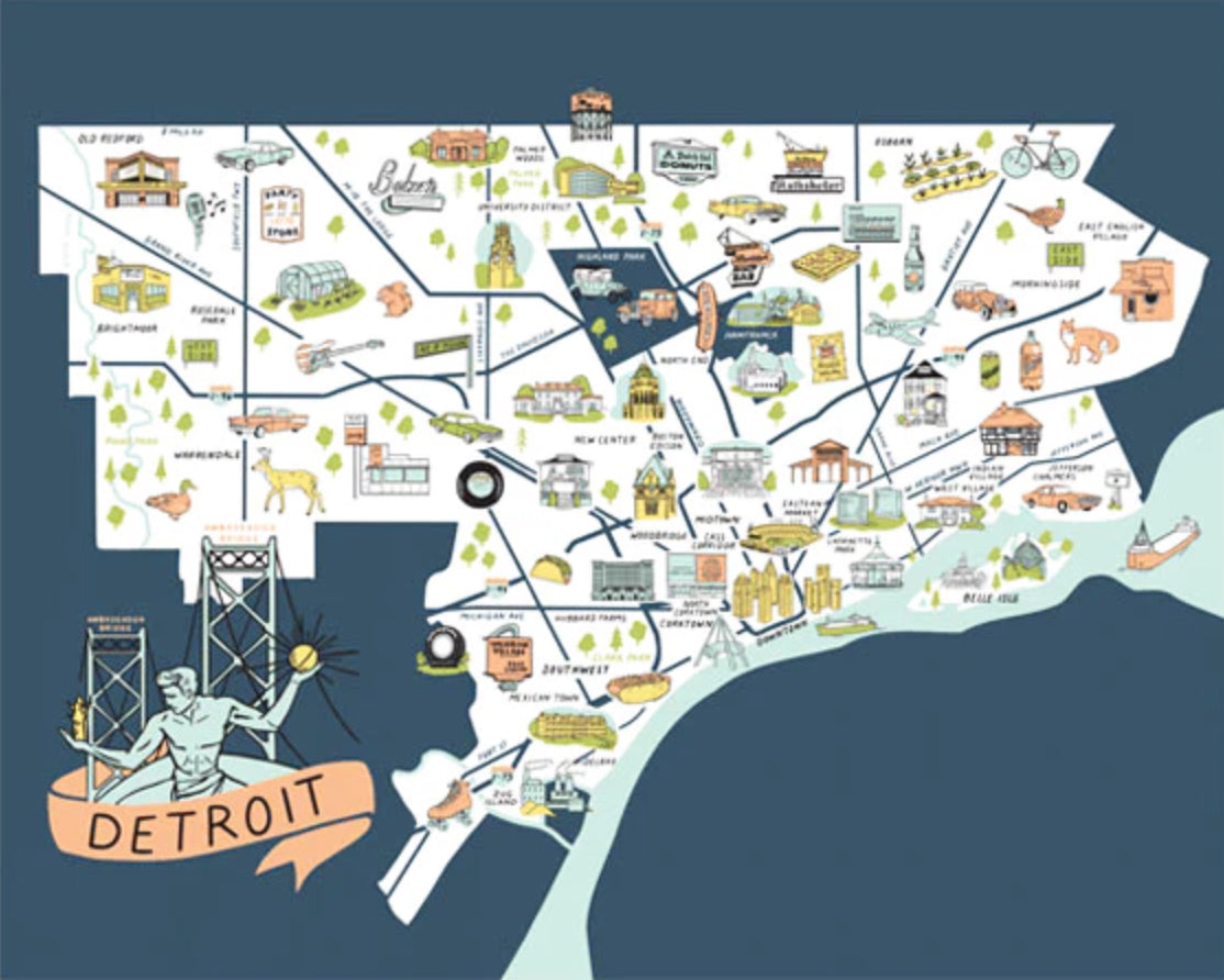 Silkscreen art print features an original, illustrated map of Detroit that highlights the neighborhoods, landmarks, products, culture, and natural beauty that make our city so great! The print is 16” by 20”.  