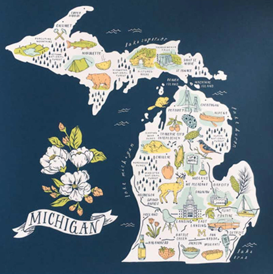 Illustrated Michigan Map Art Print by City Bird.