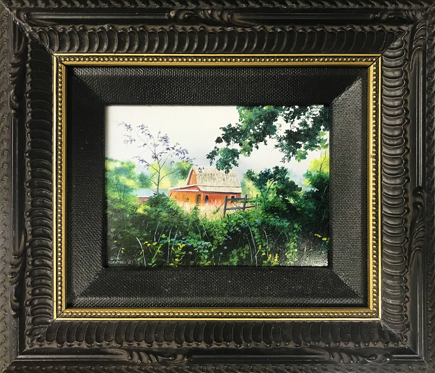 Miniature oil painting on copper by Gail Hayton. Framed with a brown liner and bronze frame with gold accents.