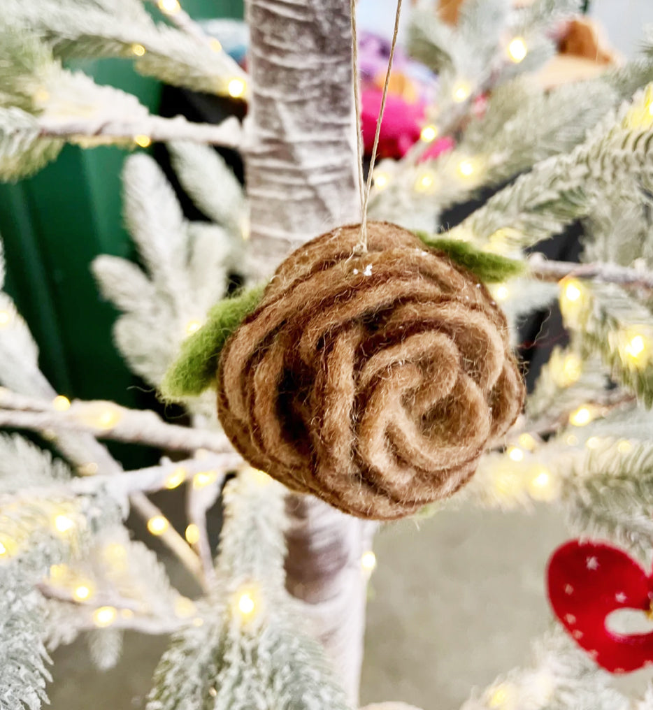 Adorable felted pinecone ornament for your fall, winter and holiday decorations by Janet Marie Felted Goods.