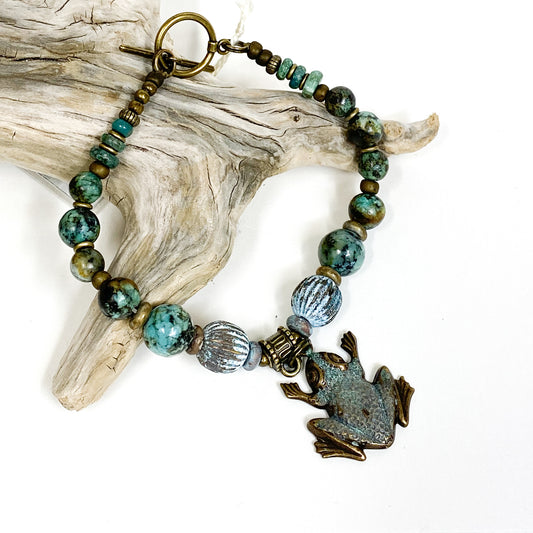 Turquoise Jasper bead bracelet made in Michigan by Janice Copperstone with frog charm.
