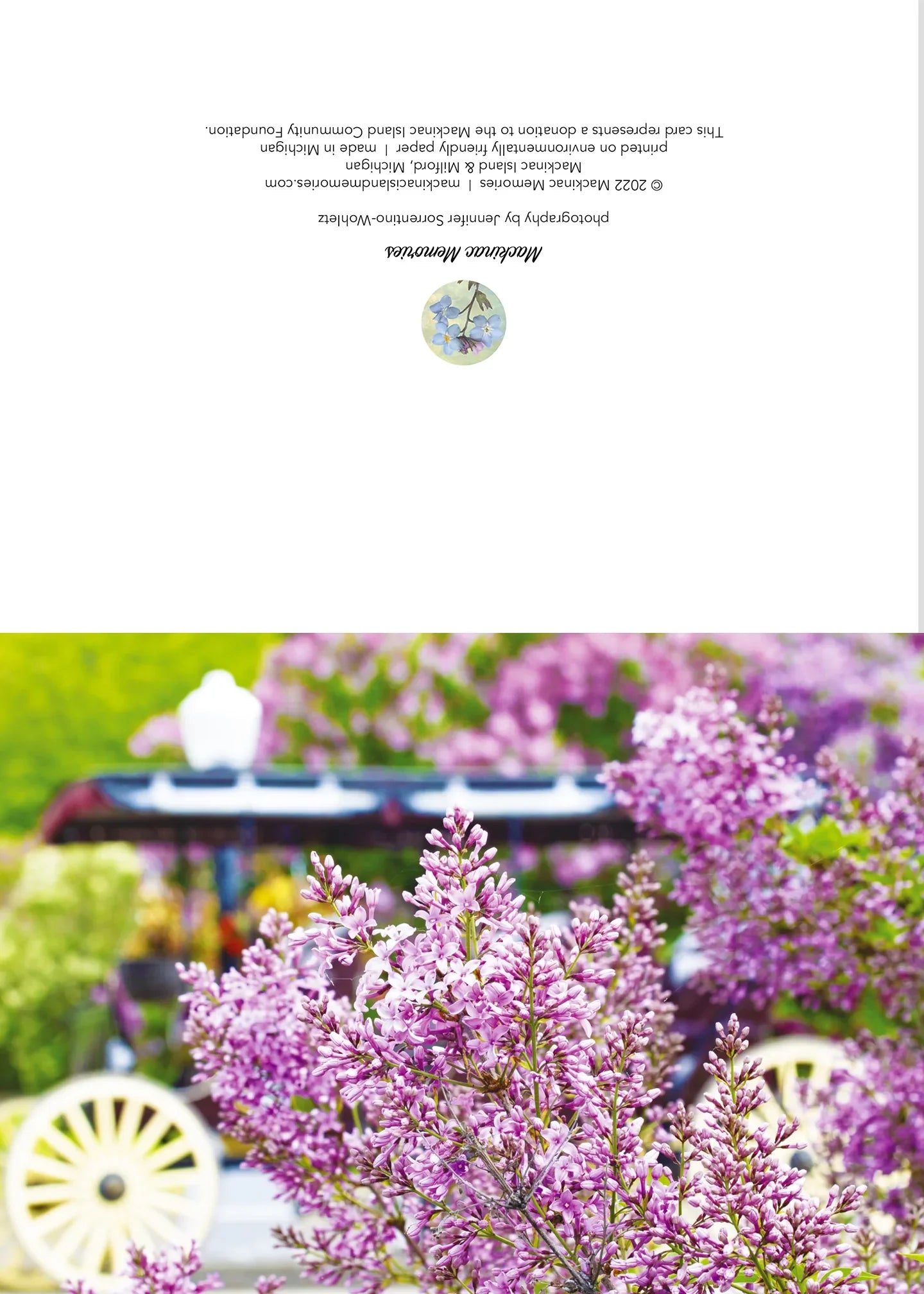Blank greeting card featuring a photograph of lilacs on Mackinac Island by local artist Jennifer Wohletz of Mackinac Memories. 
