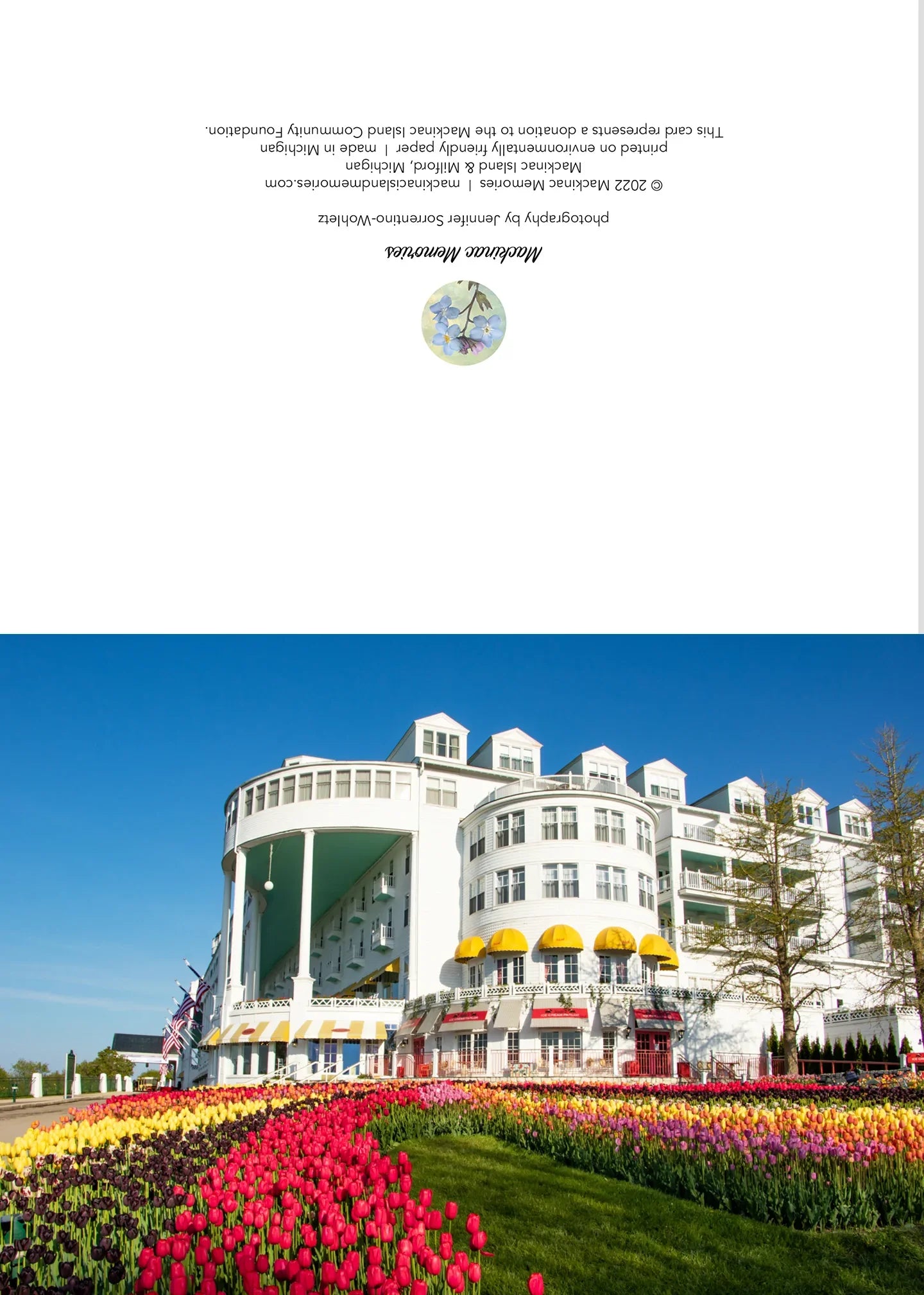 Blank greeting card featuring a photograph of Grand Hotel by local artist Jennifer Wohletz of Mackinac Memories. 