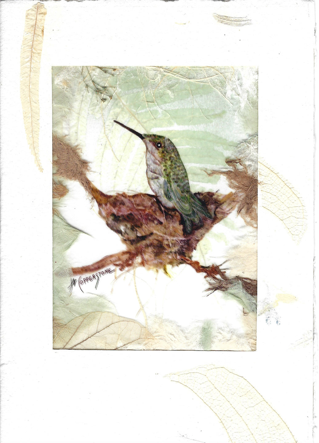 Hummingbird Perched on Nest - Mixed media fine art print by Janice A. Copperstone of Milford, Mich.  This unique piece of art features a watercolor painting of a bird printed on transparency with a handmade paper background and embellished archival mat board. 