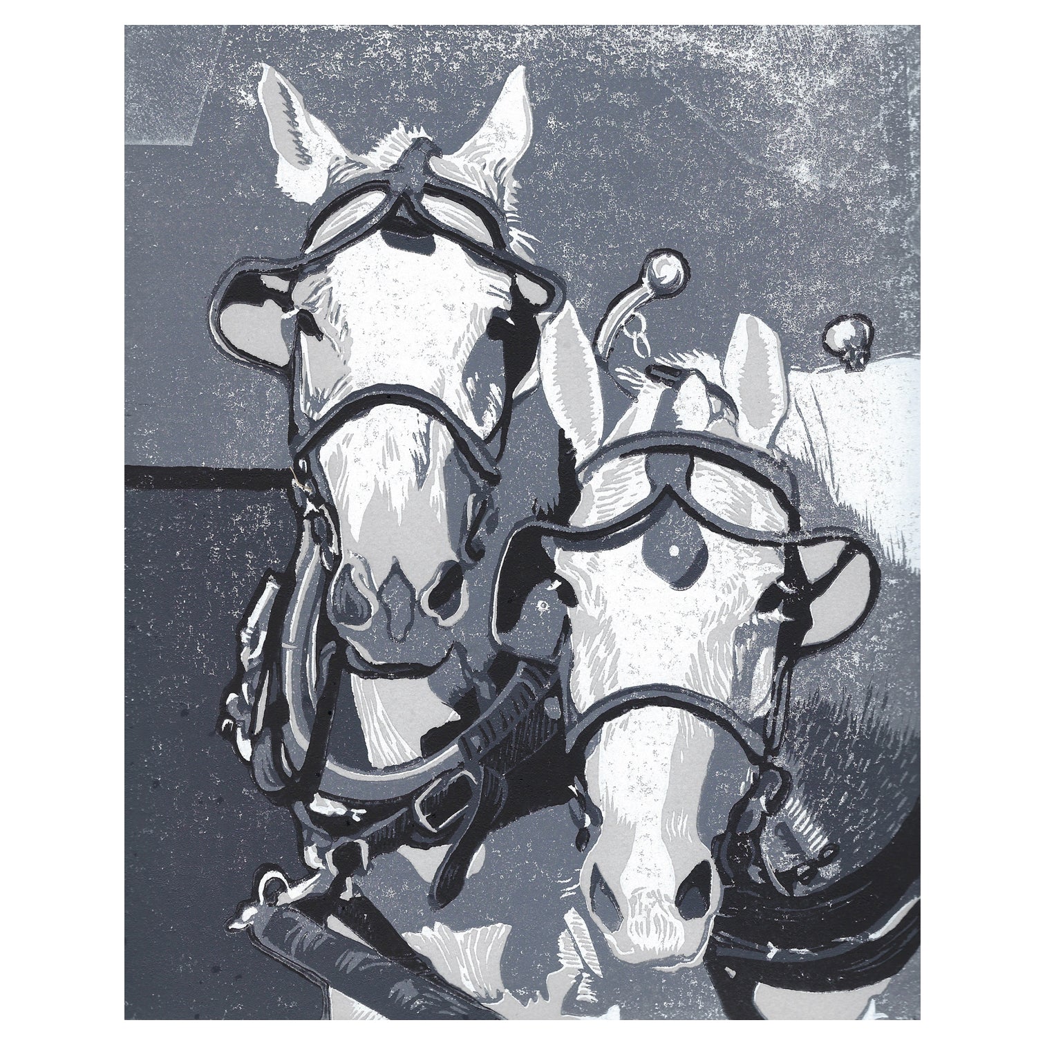 Horse art created by Natalia Wohletz of Peninsula Prints.  Based upon the Percherons of Mackinac Island, this original block print titled Two Horse Team speaks to the strength and beauty of horses. 