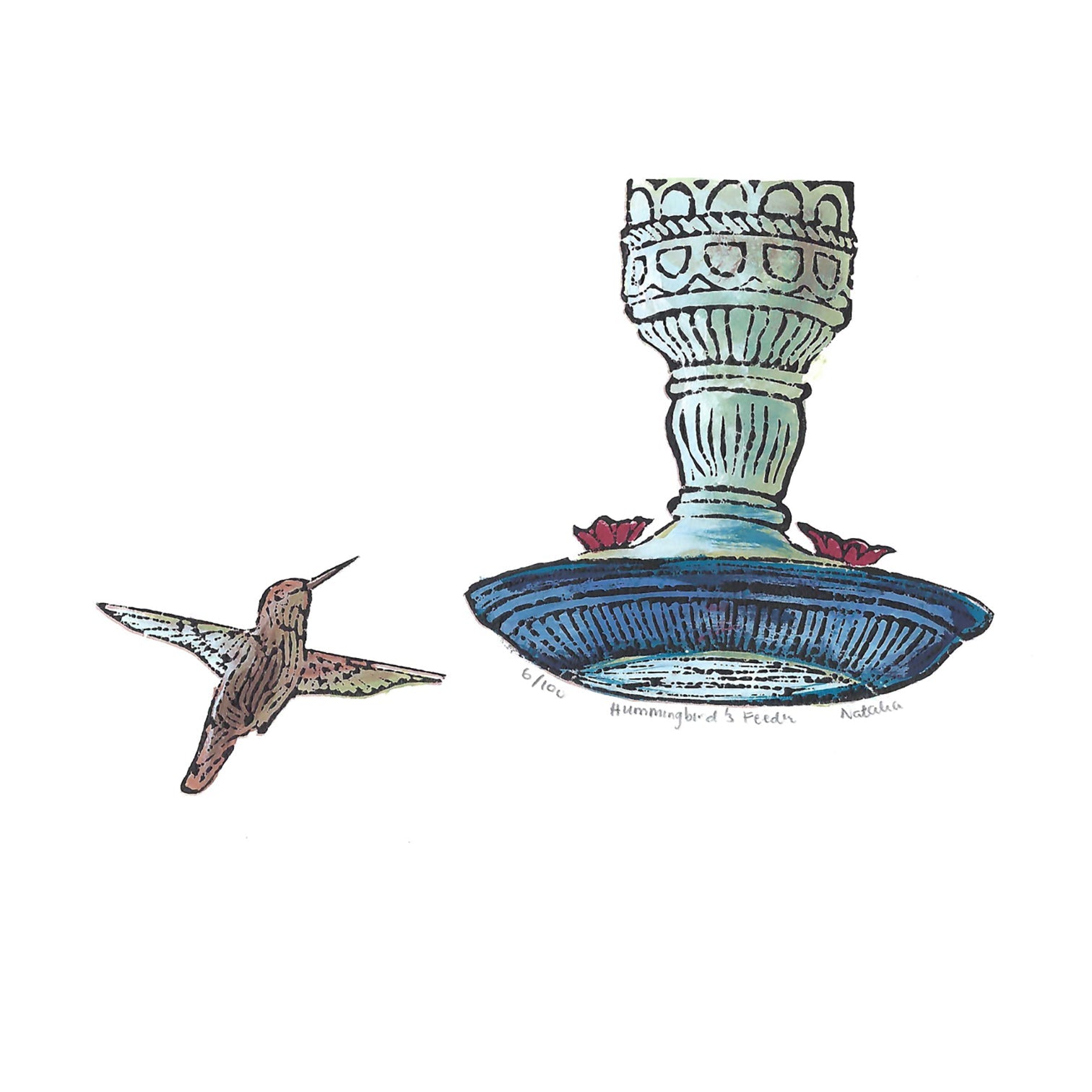 Hummingbird art by printmaker Natalia Wohletz, Peninsula Prints, of Milford and Mackinac Island, titled Hummingbird & Feeder.
