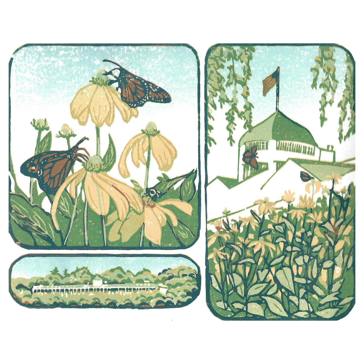 Mackinac Island art created by Natalia Wohletz of Peninsula Prints.  Secret Garden is an original block print featuring Monarch butterflies sipping nectar in Grand Hotel's Secret Garden on a sunny summer day.