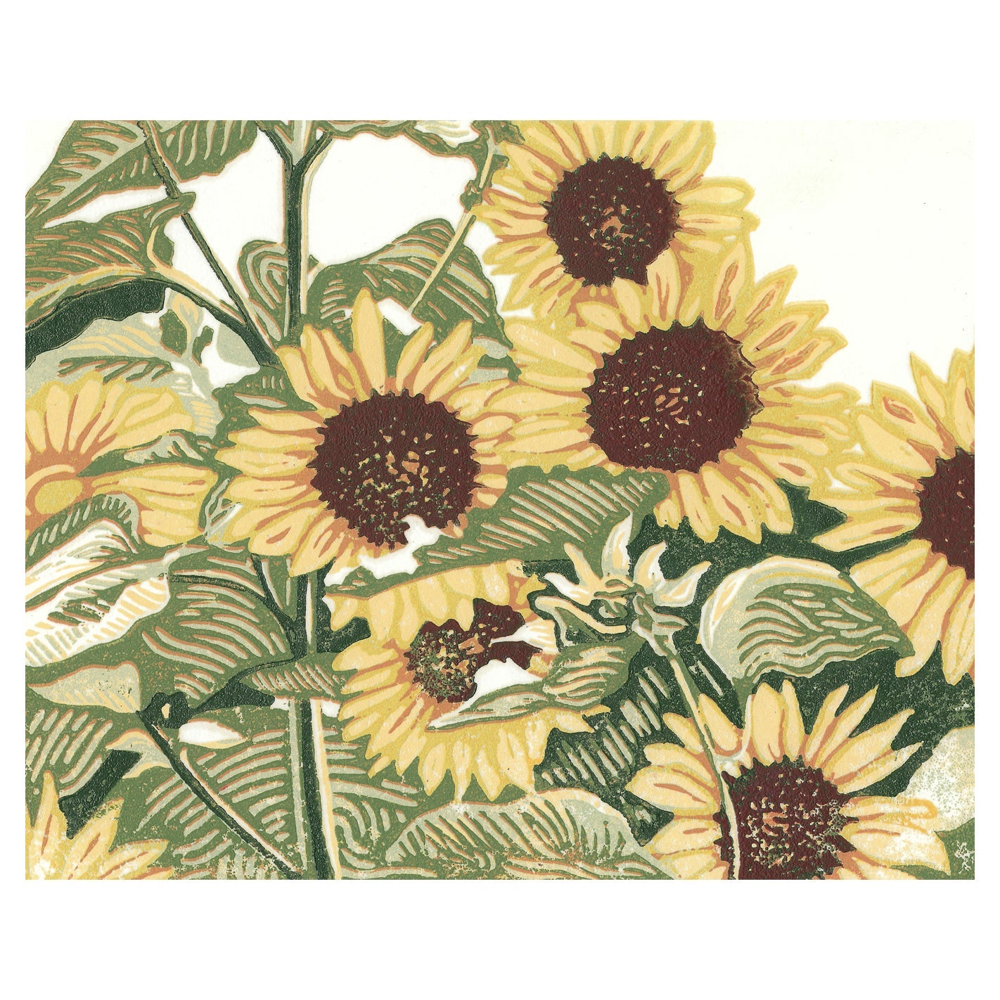 Sunflower Patch is a fun, dynamic hand-pulled and hand-carved seven-color print meant to elicit joy and a sense of belonging.  The floral art was created by Michigan printmaker Natalia Wohletz of Peninsula Prints.