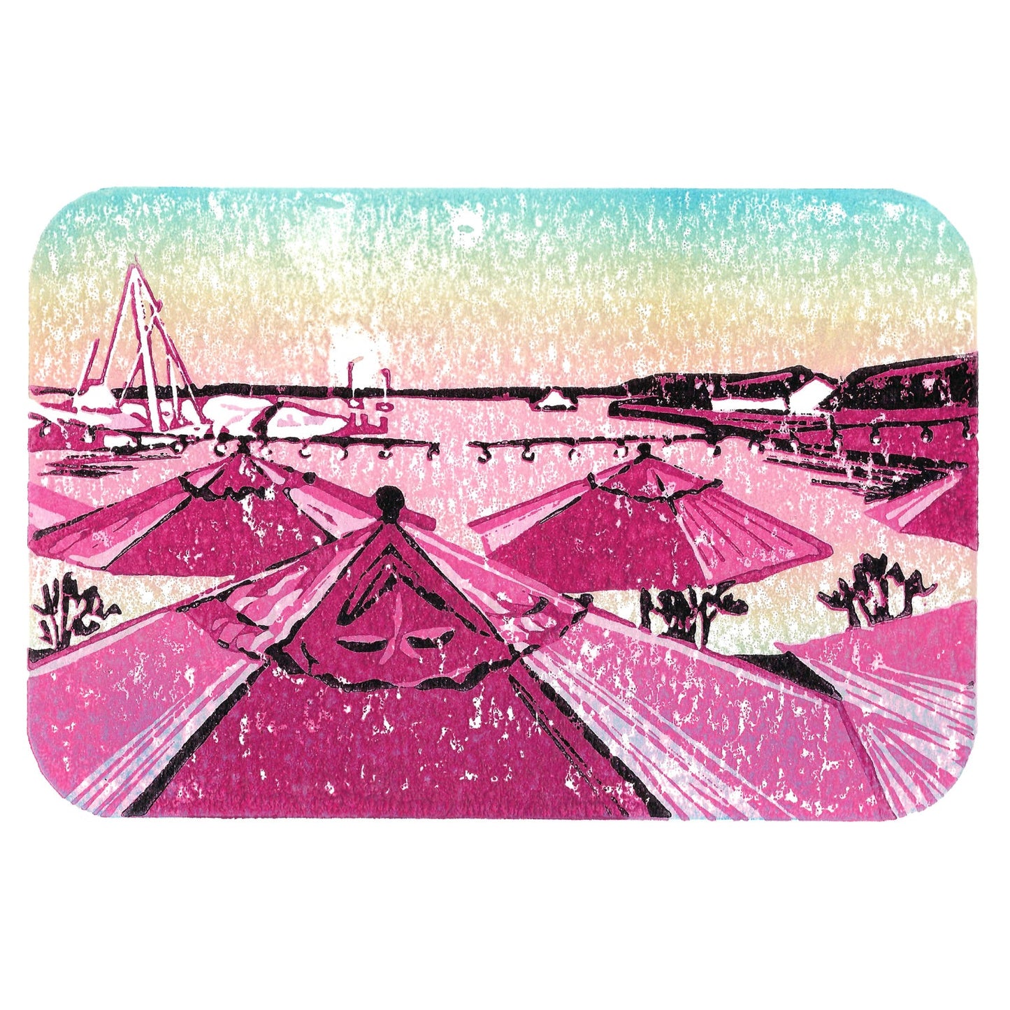 Sunset at the Pony block print created by Natalia Wohletz of Peninsula Prints. Mackinac Island's iconic Pink Pony restaurant and bar is a favorite of sailors, tourists and locals.   The patio serves up great views of ferry boats, sailboats and yachts in the harbor.  