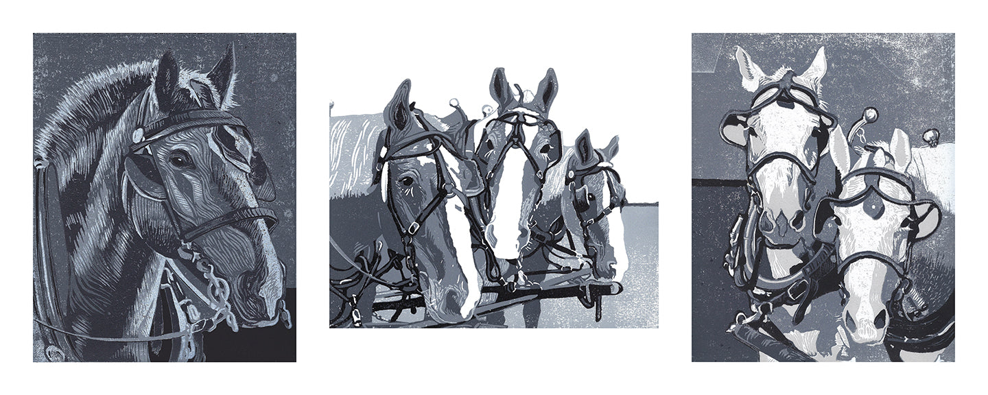 Equine Art: Horse in Monochrome Series of Original Block Prints by Natalia Wohletz of Peninsula Prints, Mackinac Island.