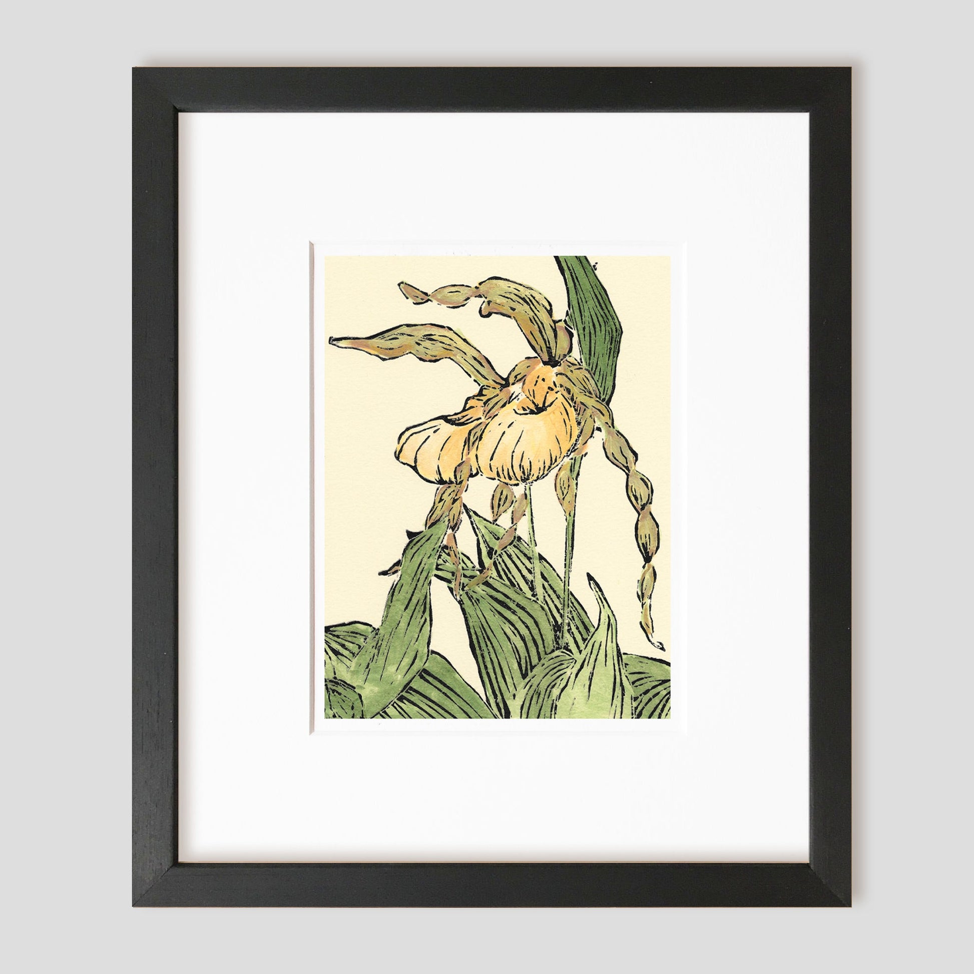 Botanical art titled Lady Slipper Pair, a multicolor linoleum block print of one of Michigan's most delightful native orchid wildflowers by Natalia Wohletz of Peninsula Prints, Milford & Mackinac Island.