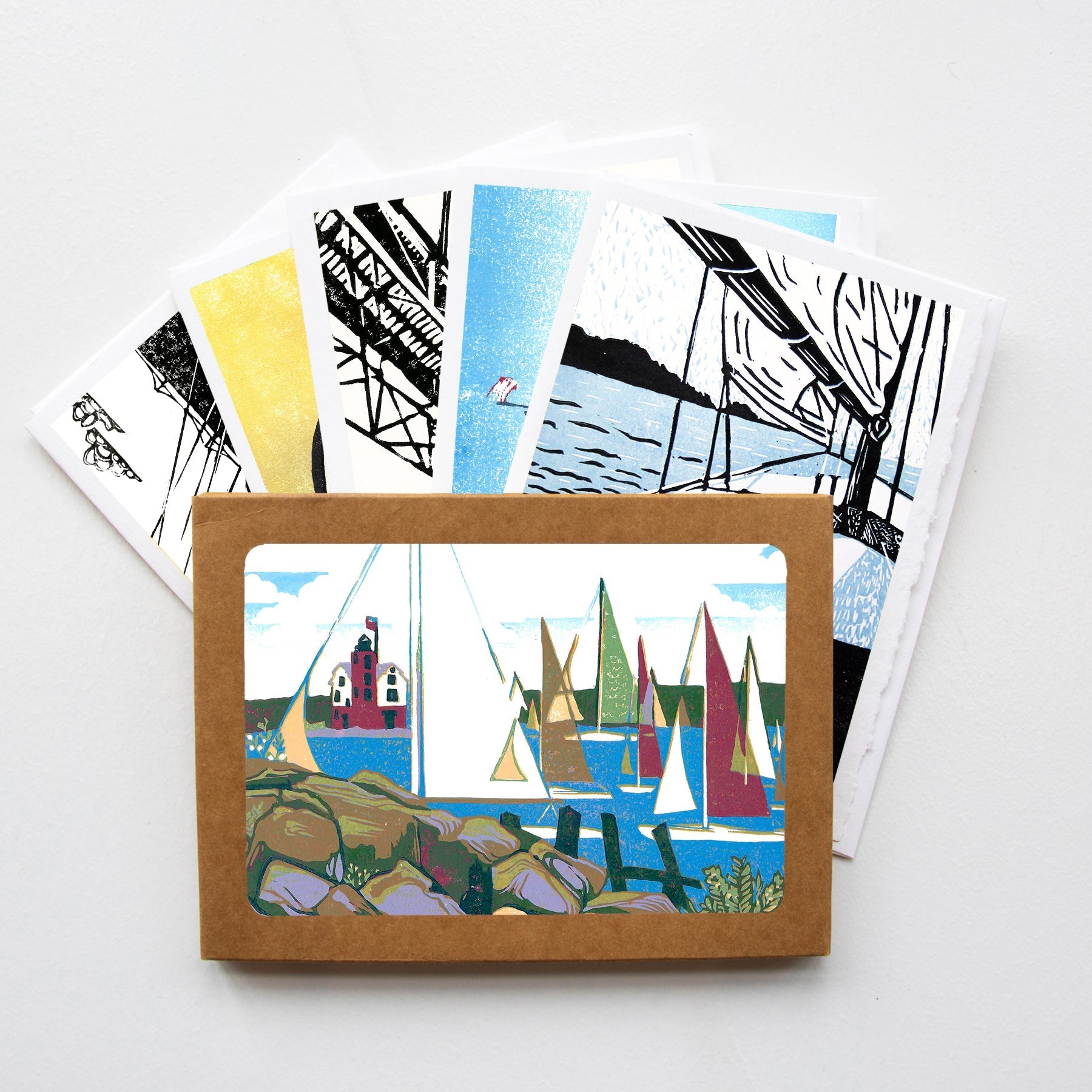 Great Lakes Sailing Blank Greeting Card Set - A casually elegant card set featuring art by printmaker Natalia Wohletz of Peninsula Prints.