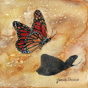 Monarch.  Original watercolor on aqua board by Michigan Artist Janice Dumas.   6 x 6 in.  Display on an easel or in a frame.  The painting features a monarch butterfly in flight.