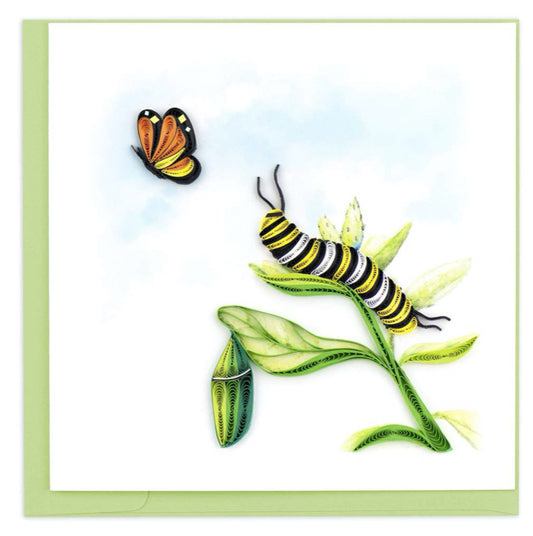 Quilled art card featuring a Monarch caterpillar and butterfly.