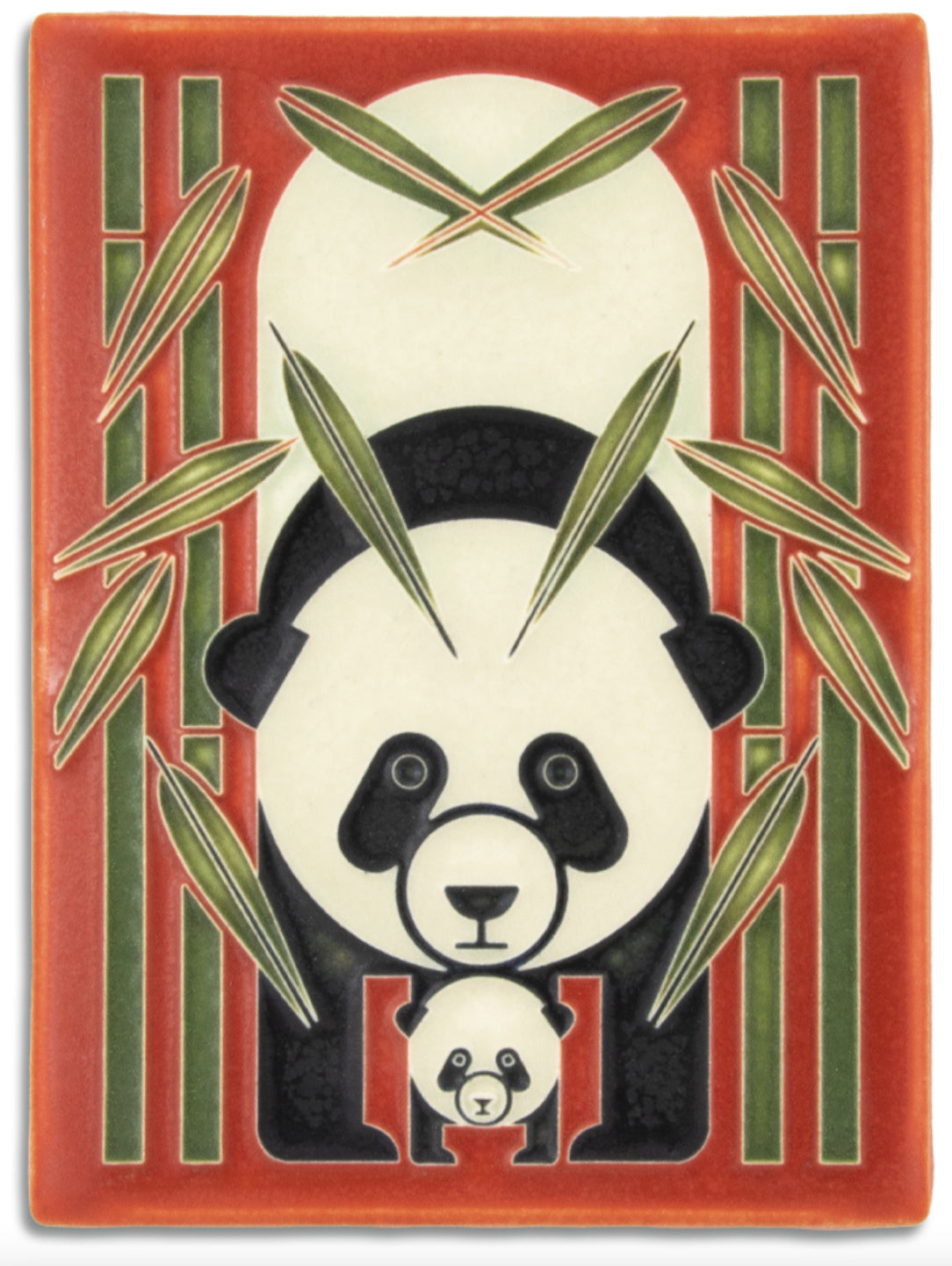 6x8 Panda Panda is based on a T-shirt design (and later a print) by Charley Harper. This sweet homage to panda parenthood is part of our extensive Charley Harper by Motawi line.