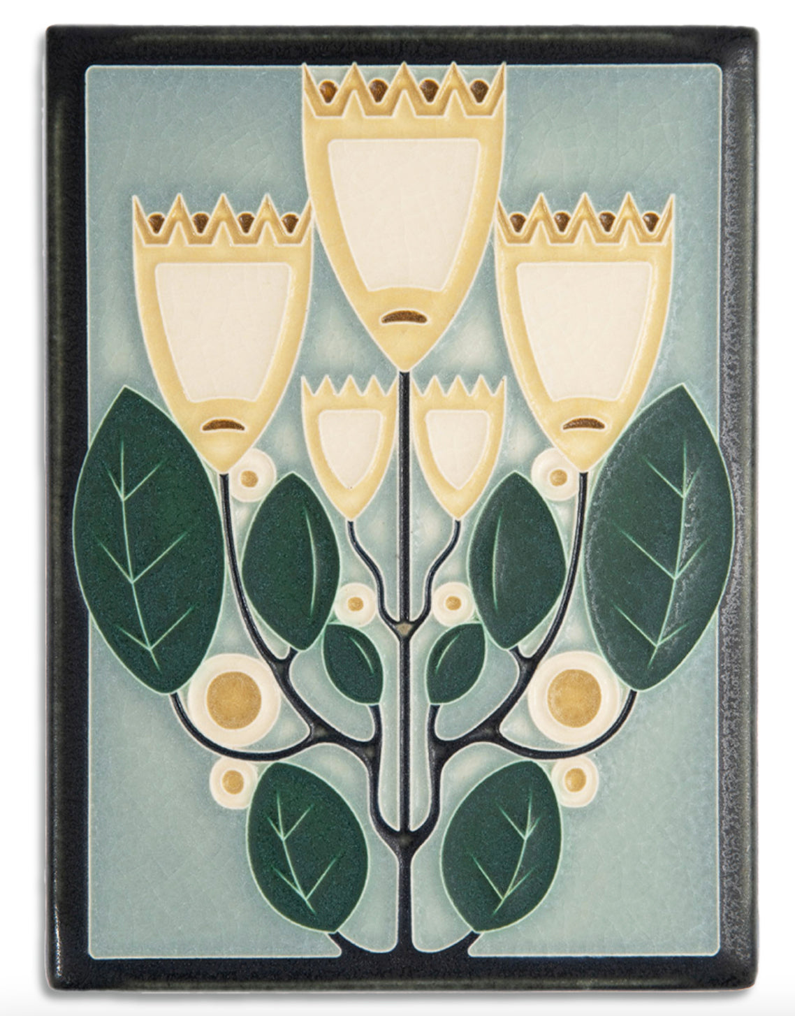 This Jugendstil design is based on one of a series of stylized flowers by Gustav Marisch, published by the Wiener Werkstätte circa 1912. Crown Quintet joins another Motawi art tile from that Marisch series: Blooming Bells.