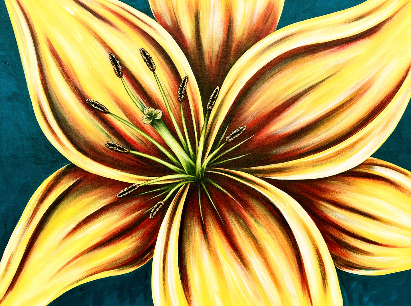 Contemporary floral painting by Denise Cassidy Wood of Northville, Mich.  30 x 40 x 1.5 in.  Original, artist-signed, acrylic and mixed-media on gallery-wrapped canvas painting. 