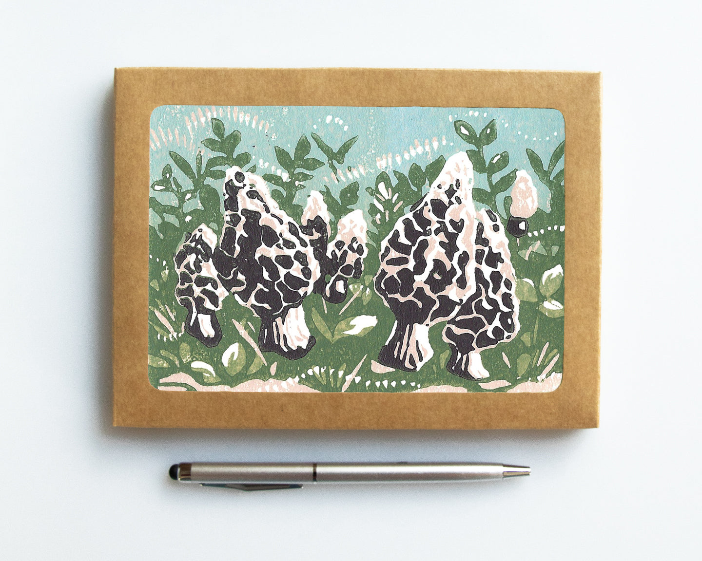 Morels card featuring a linoleum block print design by Natalia Wohletz of Peninsula Prints. 