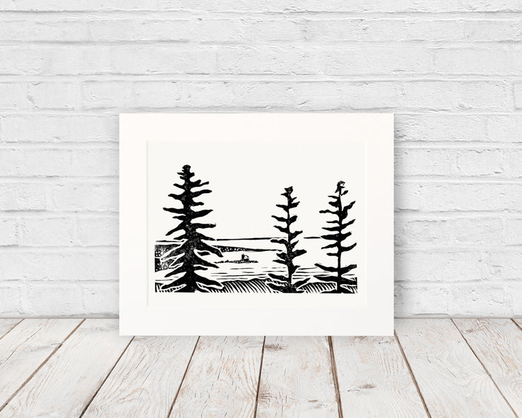 Pine View. 7 x 5 in.  Original linoleum block print on archival fine art paper by Natalia Wohletz of Peninsula Prints.  Limited edition print run of 18.   Description:  Pine View is a one-color linoleum block print of Round Island Light as seen from the Grand Hotel on Mackinac Island. Pine trees frame the lighthouse just right, giving a romanticized view of the iconic structure and the natural wonders that surround it.