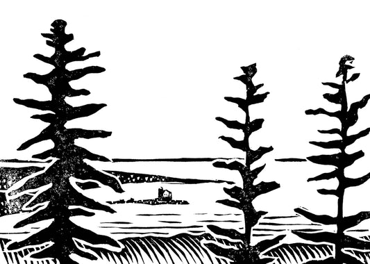 Pine View. 7 x 5 in.  Original linoleum block print on archival fine art paper by Natalia Wohletz of Peninsula Prints.  Limited edition print run of 18.   Description:  Pine View is a one-color linoleum block print of Round Island Light as seen from the Grand Hotel on Mackinac Island. Pine trees frame the lighthouse just right, giving a romanticized view of the iconic structure and the natural wonders that surround it.