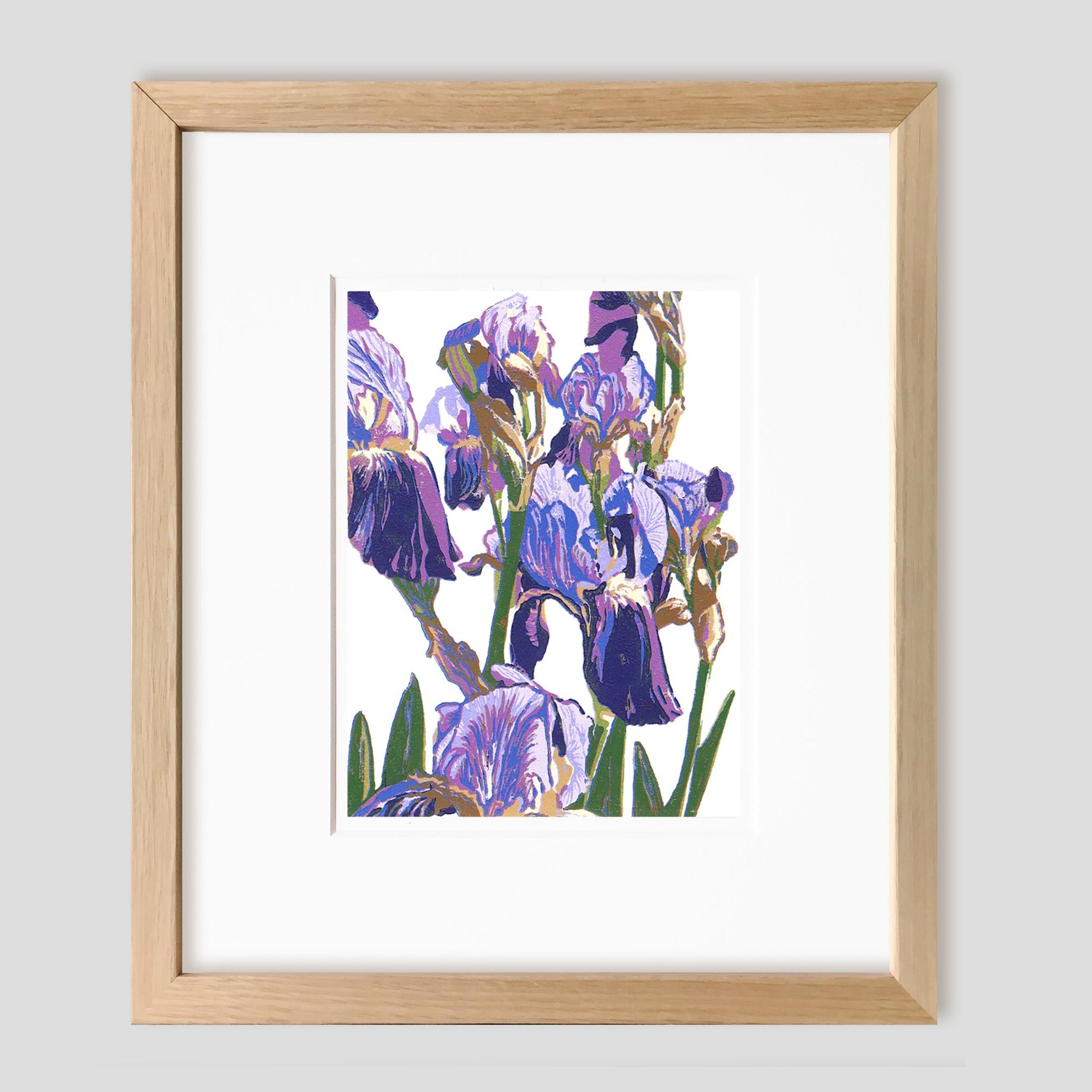 Framed purple Iris art by Michigan printmaker Natalia Wohletz of Peninsula Prints in Milford and Mackinac Island.