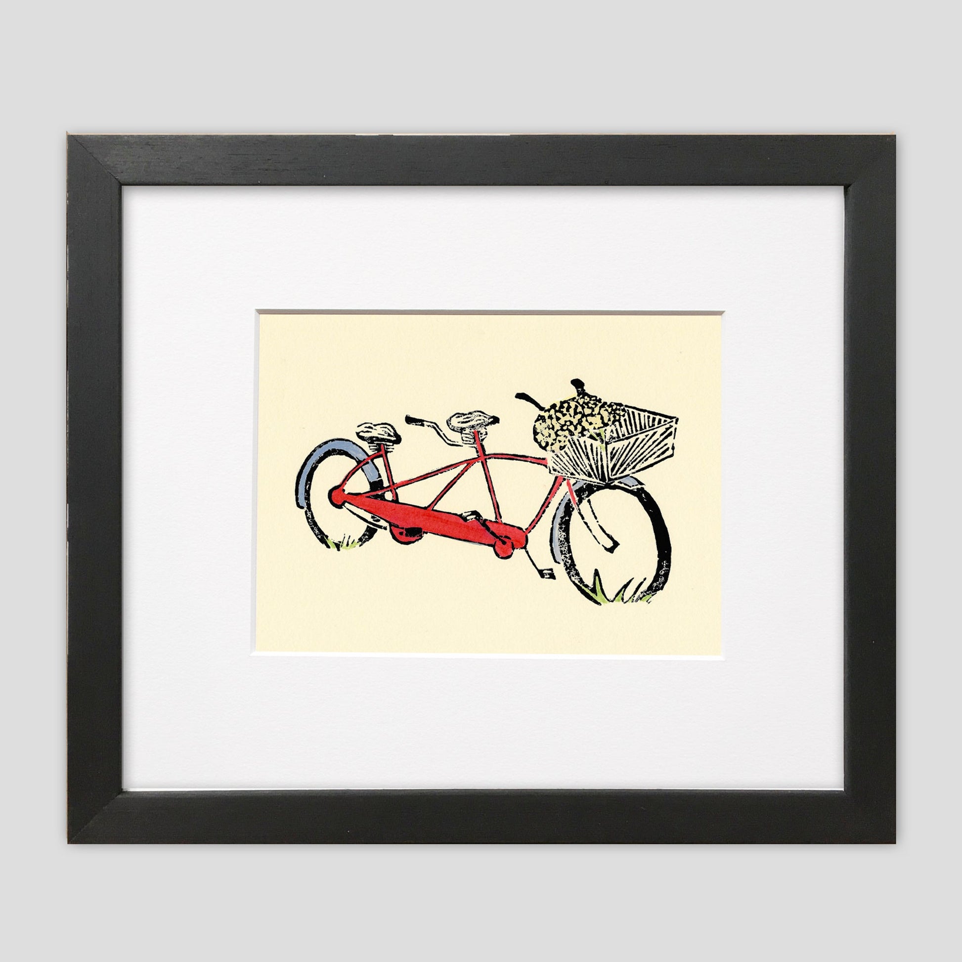 Framed bicycle art created by Natalia Wohletz of Peninsula Prints, Mackinac Island.  Red Tandem is a multicolor linoleum block print of a striking bicycle for two!