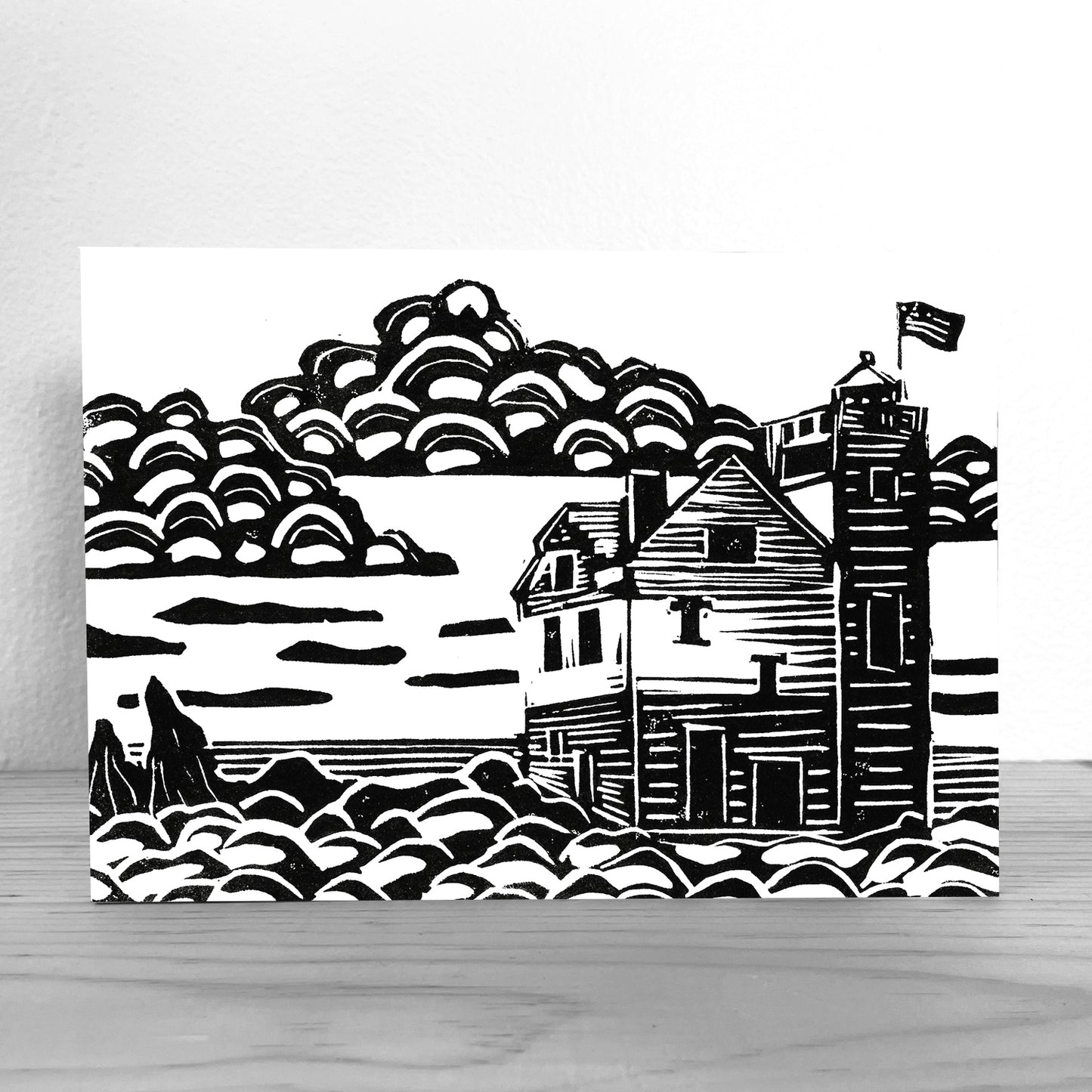 This  giclée is a fine art reproduction of a linoleum block print by Natalia Wohletz of Peninsula Prints inspired by Round Island Lighthouse located across the passage from Mackinac Island, Michigan.
