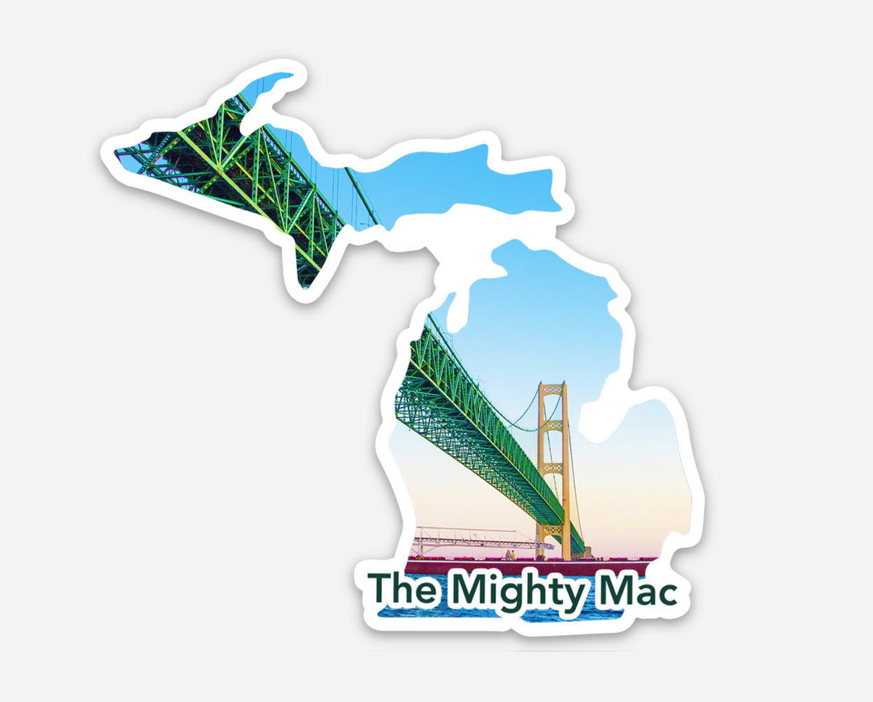 This design features an image of the Mackinac Bridge framed inside the shape of Michigan.  The Mighty Mac spans the Great Lakes connecting Michigan's upper and lower peninsulas. 