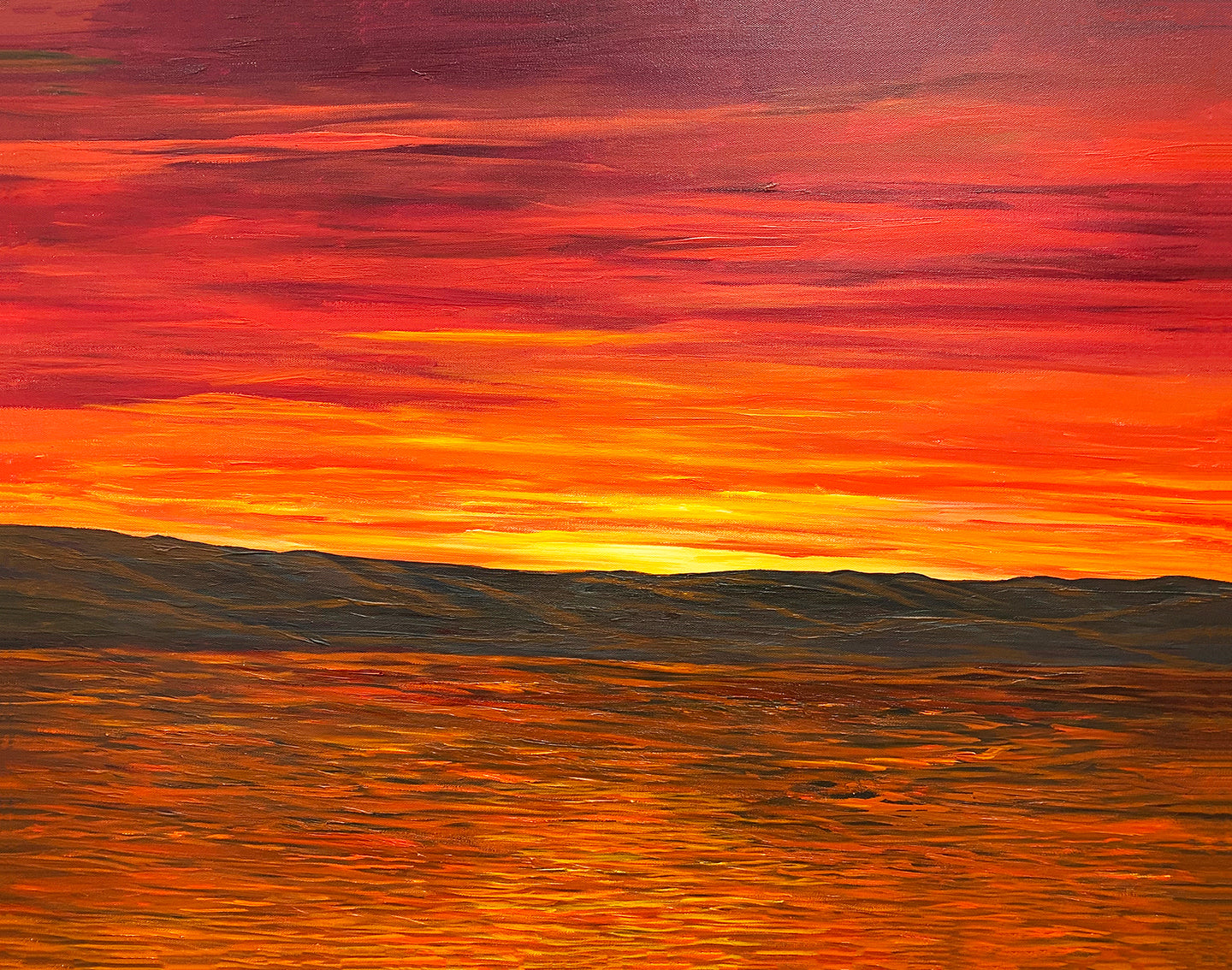 Sailor's Delight fine art print of an acrylic painting by Michigan artist Sue Gilbert. Inspired by the setting sun over a lake on a warm summer evening.