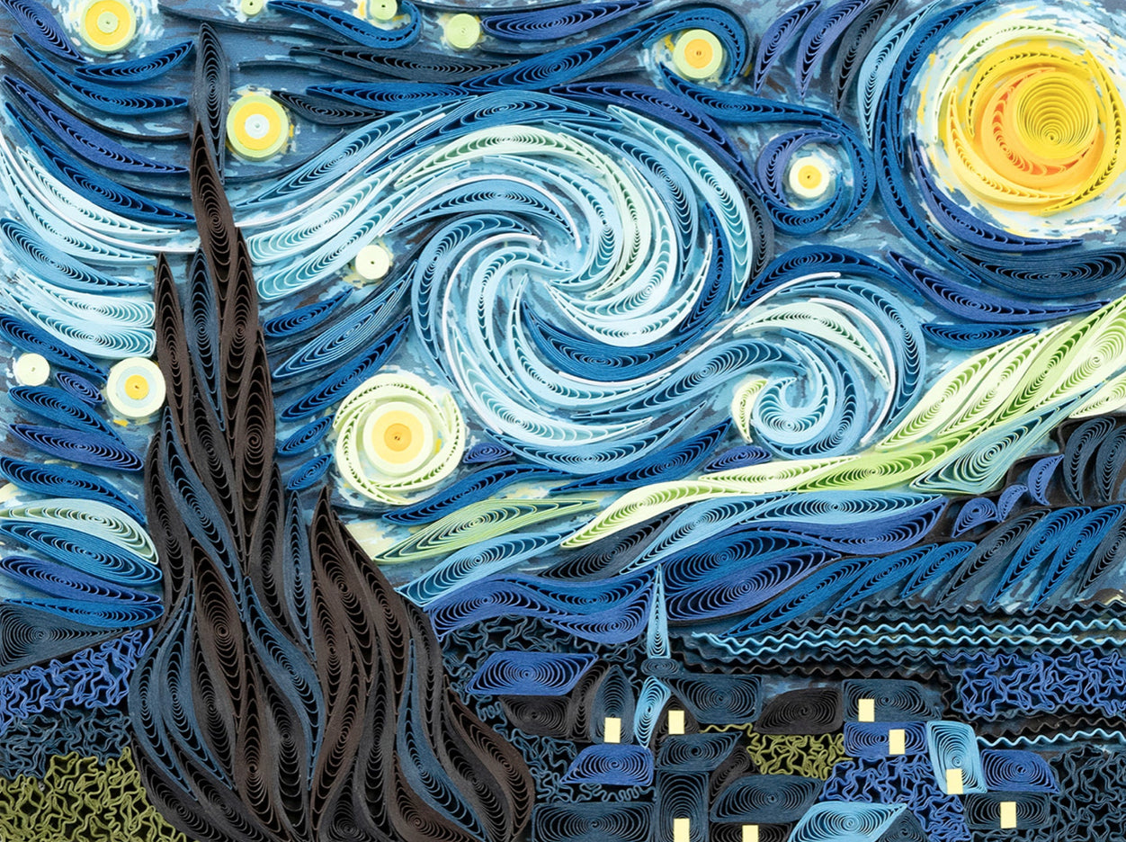 Handcrafted quilled art card featuring Van Gogh's "Starry Night" that's truly a work of art. 