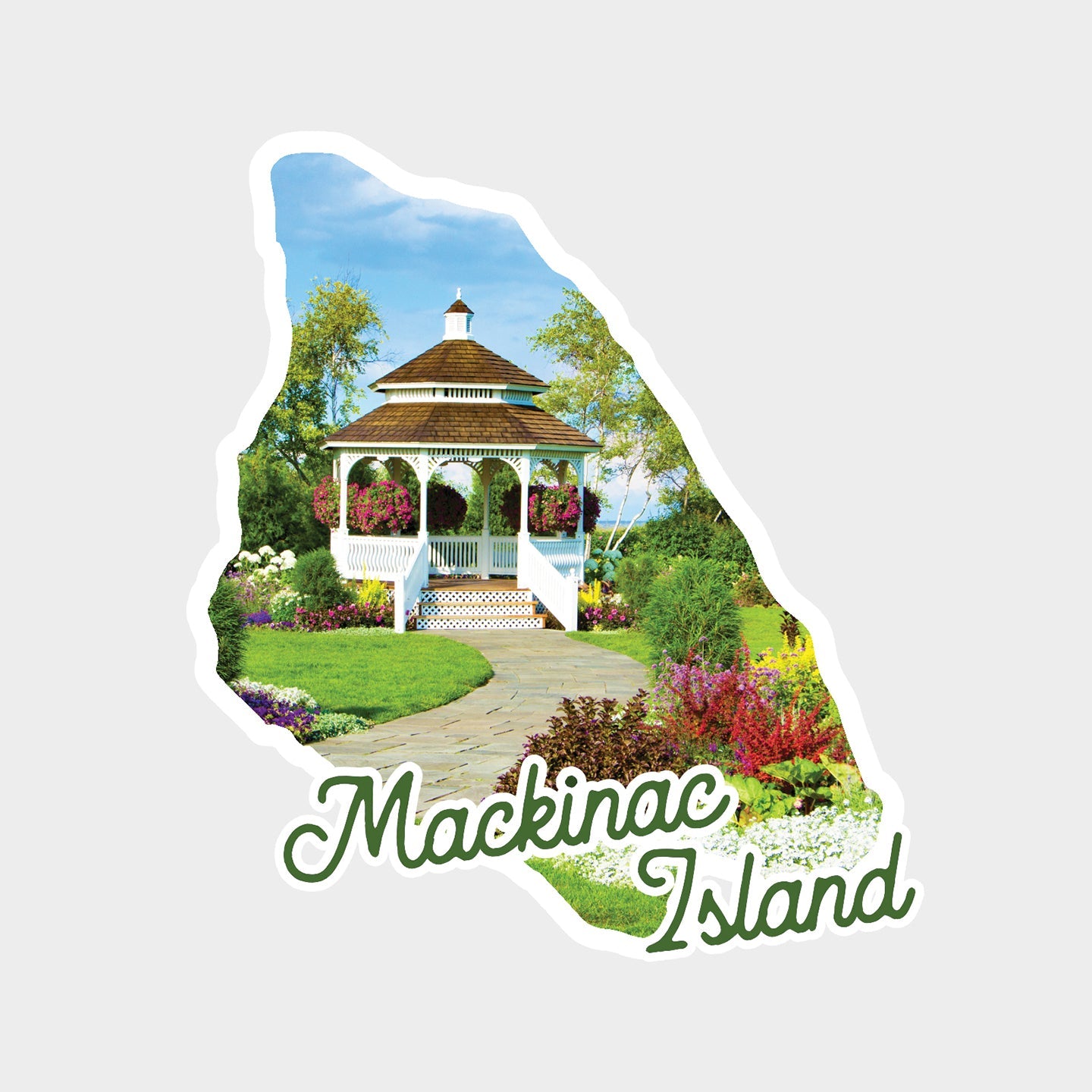 This sticker features an image of a beautiful gazebo inside the shape of Mackinac Island.  Mission Point Resort's gazebo sets the stage for Mackinac Island weddings and other special occasions. 