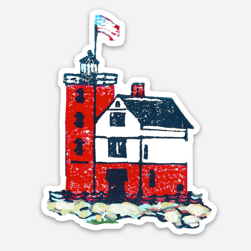 Round Island Lighthouse Vinyl Sticker by Natalia Wohletz of Peninsula Prints.