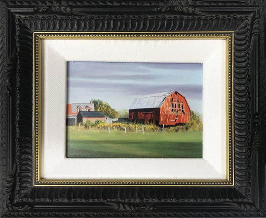 Miniature oil painting on copper by Gail Hayton.  Framed with a white liner and ornate bronze frame with gold accents.