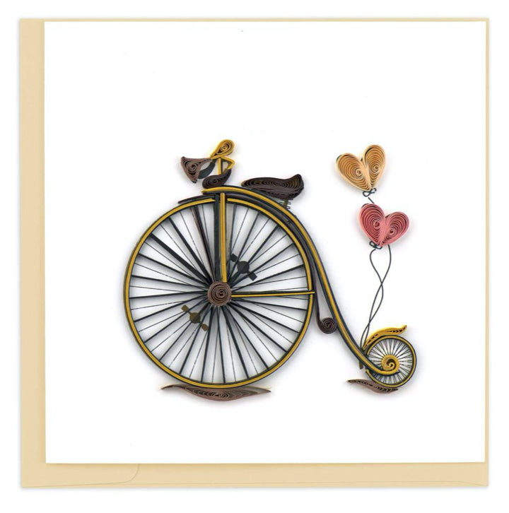 Vintage Bicycle, a Greeting card by Quilling Card. Certified Fair Trade art cards handcrafted in Vietnam.  6" x 6" Extra postage required.   Blank inside.   An ideal card for a friend, weddings and anniversaries.  Also perfect for saying, "I Love You," on Sweetest and Valentine's Day.  Each quilled card is truly a labor of love, taking one hour to create by hand.