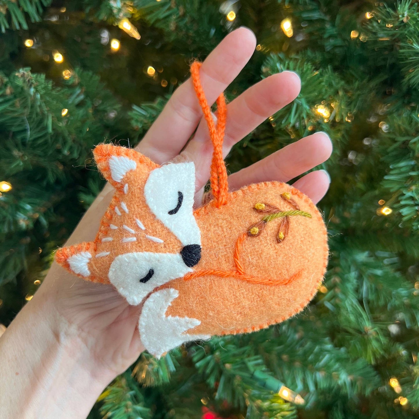 Sleeping Fox Embroidered Wool Christmas Ornament